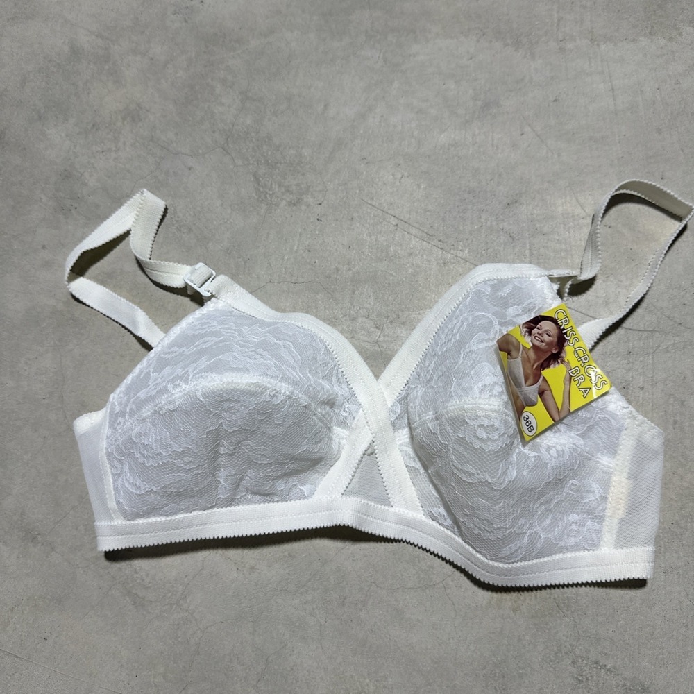 NWT 70'S VINTAGE GELMART BRA CRISS CROSS LACE STRETCH STRAP SIZE 36B WHITE